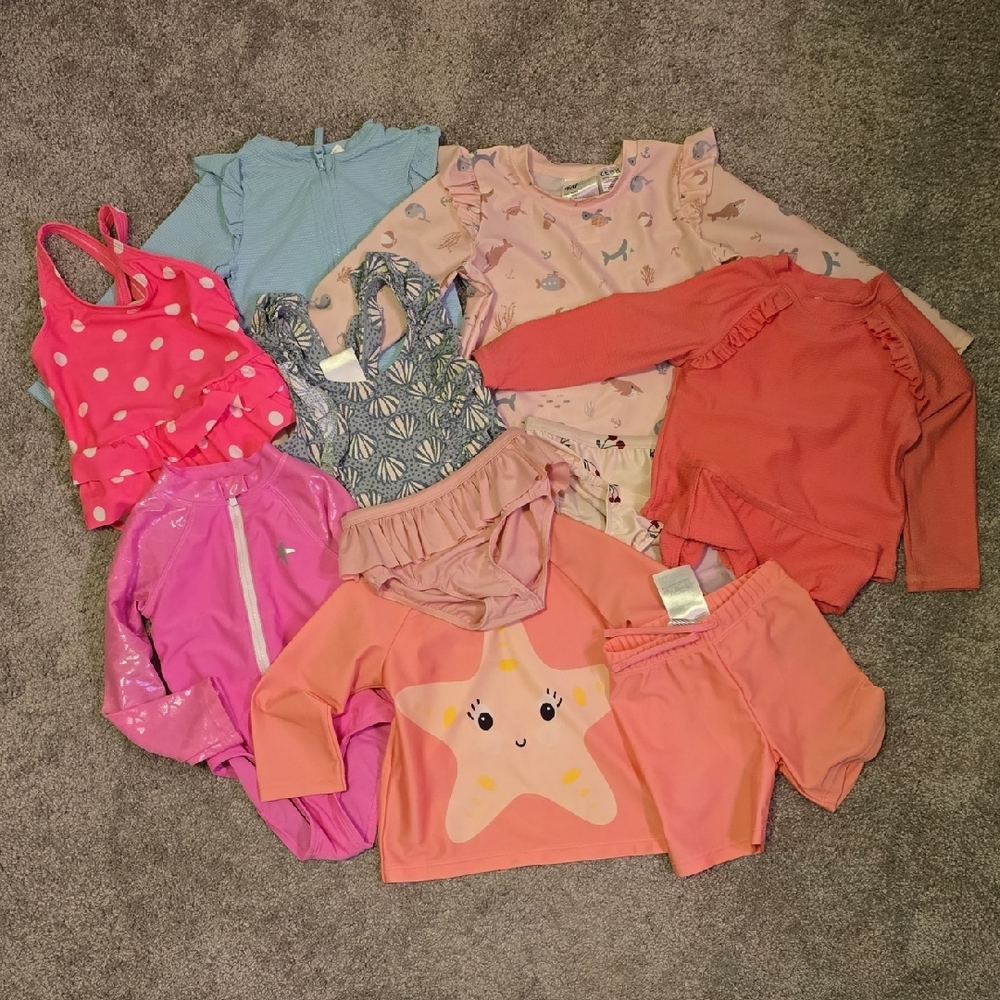 11 Pieces Of Girls Swim & Rashguard Set - Sz 6 Month To 2T